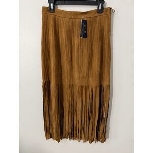 NWT $798 Polo Ralph Lauren Fringe Midi Skirt Size 8 Snuff Brown Goat Suede
